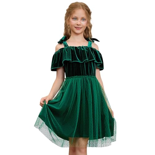 Mirawise Princess Velvet Dress Girls A-Line Tie Shoulder Sleeveless Party Dresses Elegant Tween Dresses 8-9Y Green