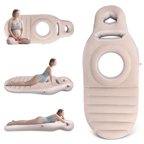 Eirolace Aufblasbares Schwangerschaftskissen, Yogamatte Für Schwangere Mit Loch, Bequeme Beflockte Luftbett für Schwangere Frauen, Bauchlage Matte, Ganzkörperunterstützung Schmerzlinderung(Beige)