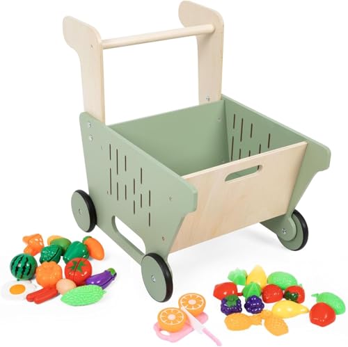 Buy Wooden Baby Push Walker, Learning Walker, Grocery Shopping Cart with 22PCS Vegetable Fruit Toys ...