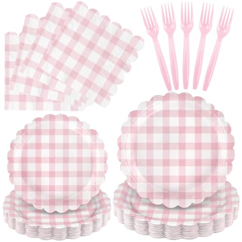 100 Pcs Pink Gingham Party Supplies - Disposable Light Pink Scalloped Plates Napkins Forks for Wedding Bridal Shower Birthday Baby Shower Serves 25