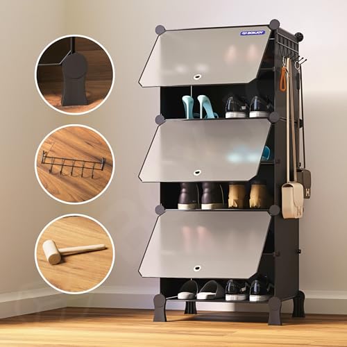 Image of BOXJOY 6 Shelf Shoe Rack with 3 Transparent Doors, 5 Hook Steel Holder & Wooden Hammer, Home Storage PP Plastic Organizer with Metal Door Frame to Cover Chappal Slipper Sandals Shoes Box Stand (Black)