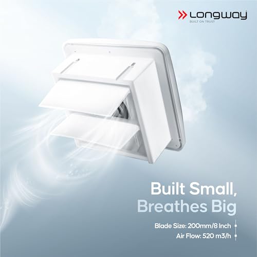 Image of LONGWAY Ventura 8 Inch 200 mm Energy Efficient Exhaust Fan | High Speed Powerful Motor | Noiseless Operation with Anti Dust Shutters |Suitable for Bathroom, Kitchen, Office | 2 Years Warranty (White)