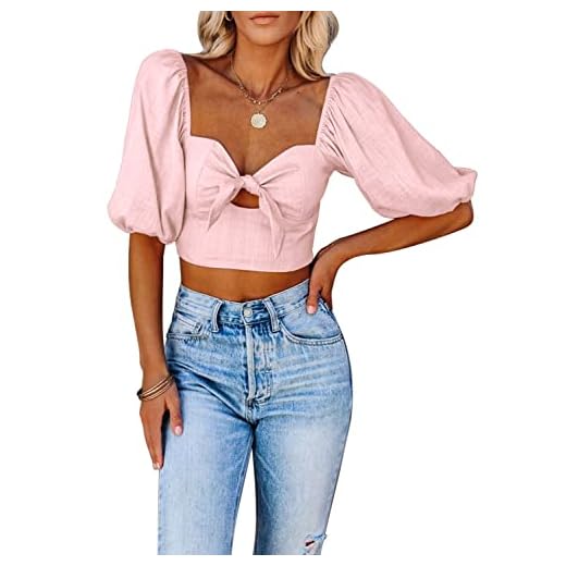 Kikula Women's Puff Short Sleeve Tie Knot Front Crop Top Off Shoulder Bardot Blouse