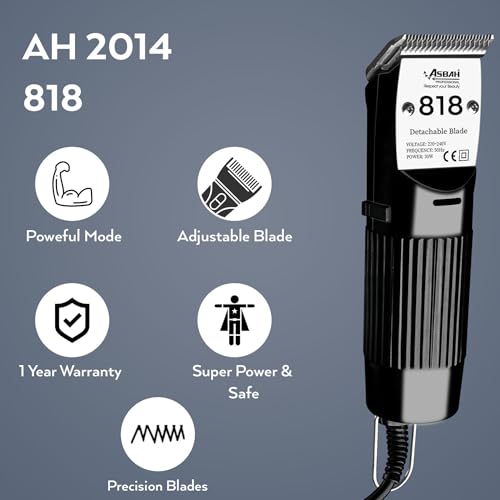 Image of ASBAH Professional 818 Clipper | Corded Hair Trimmer for Men | 8 Guide Combs | Heavy Duty Motor | 1 Year Warranty + Lifetime Repair & Service | Salon & Home Use