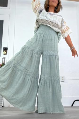 MARZXIN Casual Pants for Women Haze Blue Lace Tiered Patchwork Ruched Wide Leg Pants4
