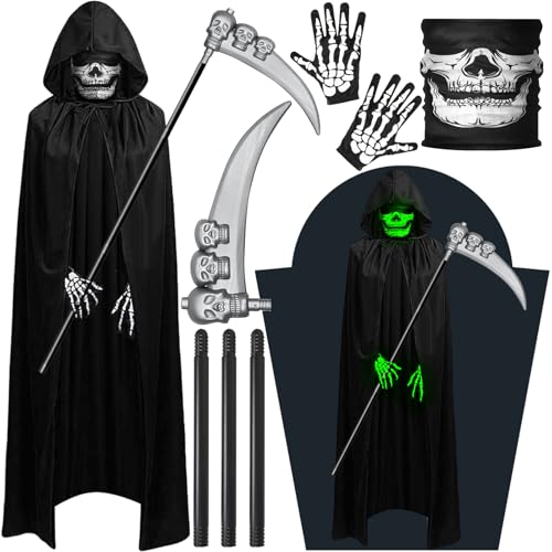VIPNAJI Preto longo capa com capuz para Halloween carnaval, luvas de esqueleto e máscara de caveira disfarce plástico falsa foice para adultos Halloween festa carnaval costume cosplay
