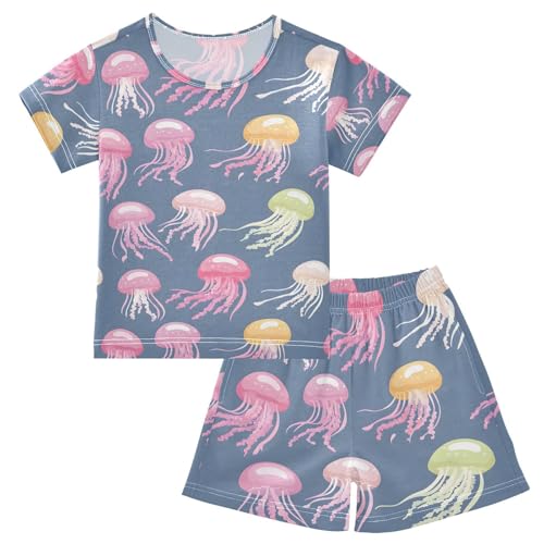 ALAZA Jellyfish Blue Cute Pajamas Set Short Sleeve Cotton Sleepwear Summer Pjs 2 Piece 5-14Y