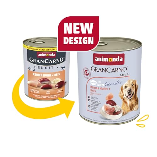 animonda GranCarno Hunde Nassfutter Sensitiv Reines Huhn + Reis (6 x 800g), getreidefreies Hundenassfutter ohne Zucker, für ausgewachsene Hunde, mit frischen fleischigen Zutaten