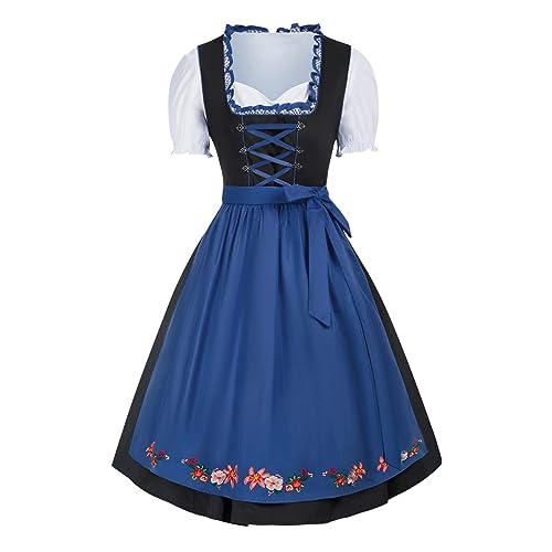 Robe traditionnelle Dirndl longue bleue 2 pièces avec tablier pour femme