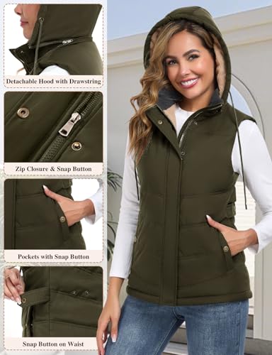 Tuopuda Steppweste Damen Kurz Winterweste Outdoor mit Taschen Gilet Übergangsweste Wintermäntel Pufferjacken Ärmellos Steppjacke Hooded Daunenweste Geschenk für Frauen, Armeegrün, XL