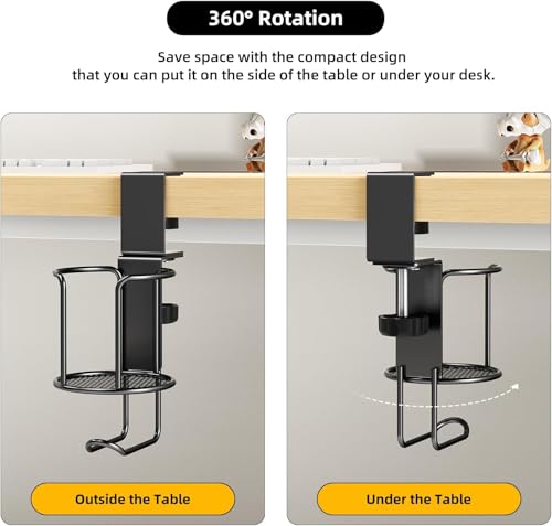 Desk Cup Holder with Headphone Hanger Holder, Anti-Spill Clip-On Table Cup Hook with 360° Rotation for Lawn Chair, Office Home Gaming Table (1 Pack)