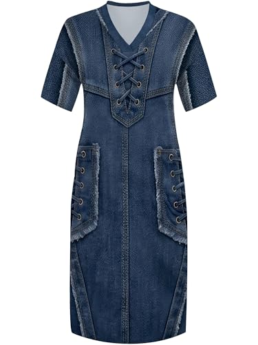 Image of SUZONANA Plus Size Denim Print Maxi Dresses for Women Casual V Neck Short Sleeve with Pockets Soft Jean Look Dress XL-6XL