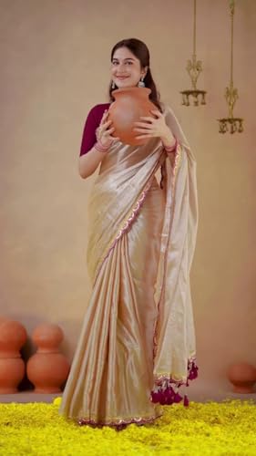 Image of Yashika Women Chanderi Silk Solid Lace Boder Saree With Unstitched Blouse Piece |saree for Women | New Sari | Saree