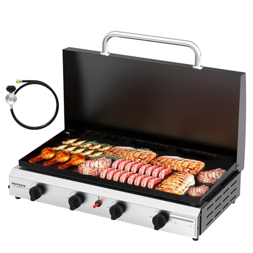 Comparison: Best 4 Burner Griddle 8 ROVSUN 4 Burner Portable Propane Griddle with Enameled Tray & Lid, 40,000 BTU Tabletop Flat Top Gas Grill with Electronic Ignition & Regulator for Outdoor Cooking Camping BBQ Tailgating
