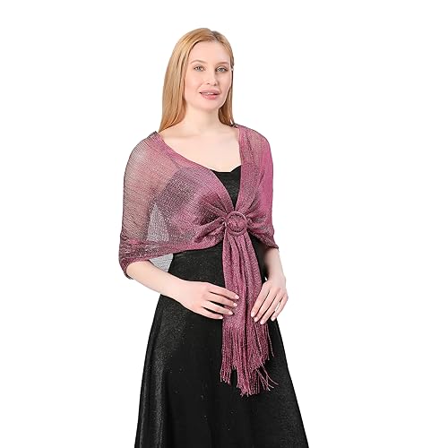Image of Stoles for Evening Dress with Buckle, Fringes - Polyester Blend, Shimmer Stole Wraps for Weddings, Party | Women's Clothing