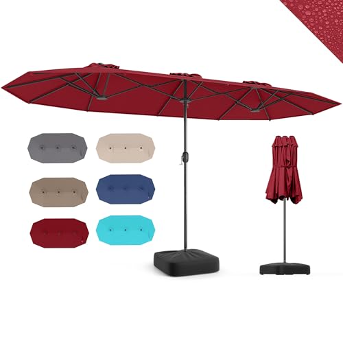 RELAX4LIFE Grand Parasol de Jardin Extérieur avec Pied, Parasol Double Terrasse avec Manivelle, Polyester Hydrofuge, Protection UV, 2 Sacs de Sable, Montage...