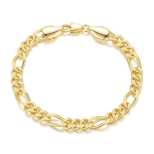 ERIN MARIE 14K Gold Bracelets for Women Men Non Tarnish Women’s Men’s Bracelet Figaro Link Gold Chain Bracelets 3-in-1 Charm Jewelry Gifts 6.5 in -9 in Length