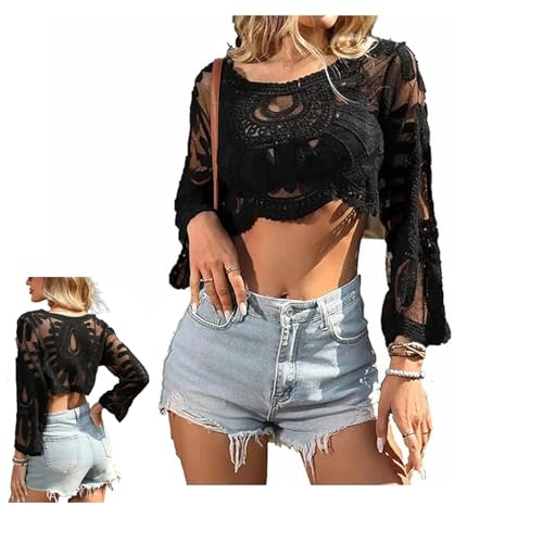 Women's Floral Embroidered Semi-Sheer Cover Up Long Sleeve Round Neck Boho Lace Top for Women Sheer Beach Coverup