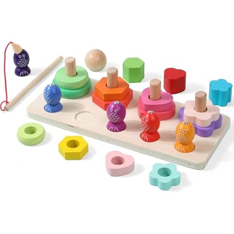 Wooden Magnetic Fishing and Shape Block Stacking Toys 2-in-1, Montessori Early Childhood Games for Toddlers, Gifts for 3-Year-Old Boys and Girls Cover