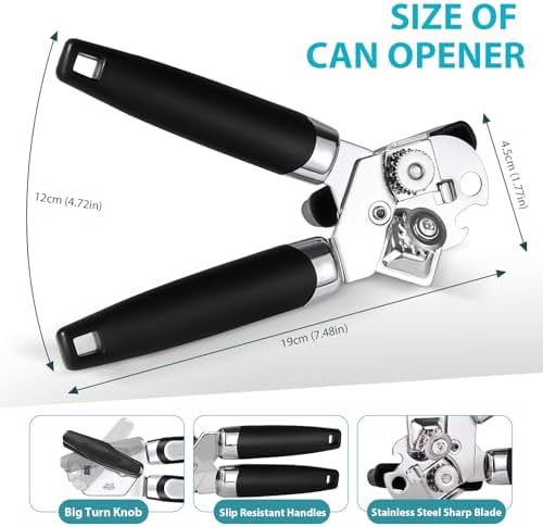 - Tin Opener, Lychico 3-in-1Can Opener Handheld Heavy Duty Stainless Steel Can Openers with Multifunctional Bottle Opener, Black