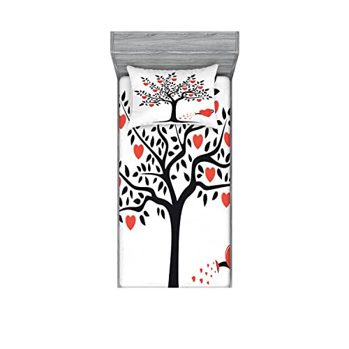 Ambesonne Valentines 2 Pack Fitted Sheet & Pillow Sham Set, Romantic Love Tree, 4 Pcs Bedding Decor, Package Contains 2 Twin Size Fitted Sheets & 2 Pillow Covers, Vermilion Black