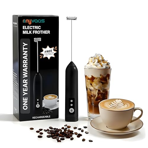 Image of Coffee Frother - Electric Rechargeable Coffee Maker Machine for Home Electric Coffee Frother Machine & Milk Whisker with Dual Spring | 1 Year Warranty | Free Recipe Book (Frother) (Black)