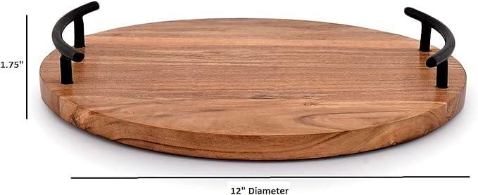 NIRMAN Serving Tray Round Wood Serving Tray with Iron Handles Display for Vintage Home Decor, Farmhouse Kitchen Counter Centerpieces (12" x 12" x 1.75") - Image 5