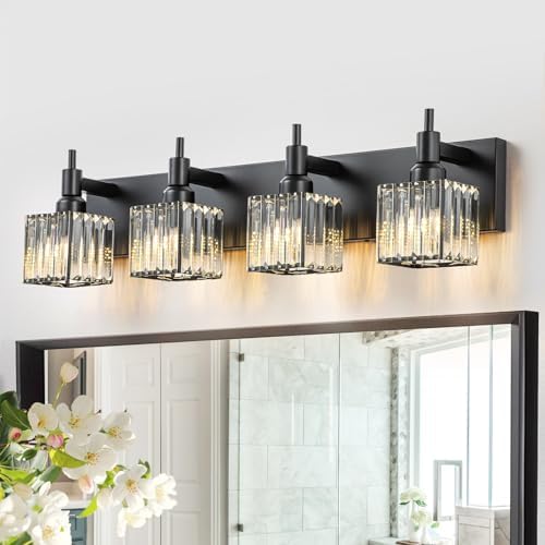HUOKU Black Crystal Bathroom Vanity Light 4Light Modern Bathroom