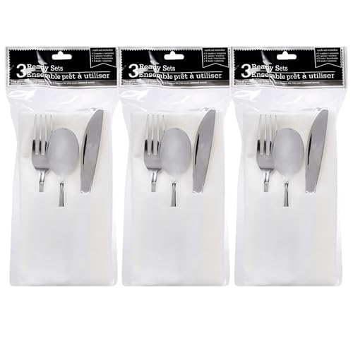 (3) Silver Ready Sets Disposable Flatware Dinnerware Sets Disposable 3 Piece Place Settings Cutlery Fork Spoon Knife Heavy Duty Plastic Silverware Christmas Party Birthday Wedding