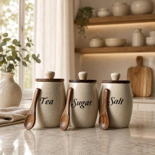 Image of Ceramic Airtight Tea Coffee Salt Canister Set of 3 (Dholak Spoon)