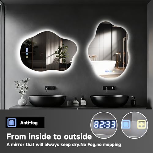 Litglobe Bathroom Mirror with LED Lights 70x50cm,Irregular Shape Illuminated Bathroom Mirrors,Wall Mounted Mirror with Anti-Fog,3 Colour Dimmable Lights,Touch Control,Time Display & Memory Function - Image 5