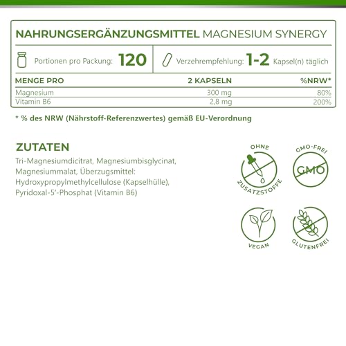 Magnesium Synergy 3-Fach Power: Magnesium Citrat, Glycinat & Malat, 120 Kapseln Hochdosiert, Premium Komplex Vegan, Laborgeprüft Vitality Nutritionals von Vitamin Express