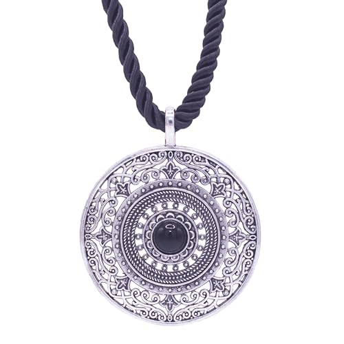 NILUXE DESIGN - Ciondolo Donna Grande Fiore Mandala in Argento Tibetano con Pietra Naturale - Catena Intrecciata Nera Satinata Lucida - Altezza Regolabile - Fatto a Mano (Ossidiana)