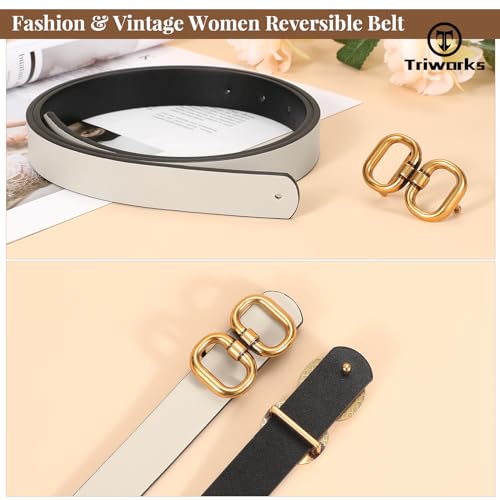 Reversible Leather Belt for Women with Gold Buckle Ladies Leather Belt for Jeans Pants, D-black/Light Beige4