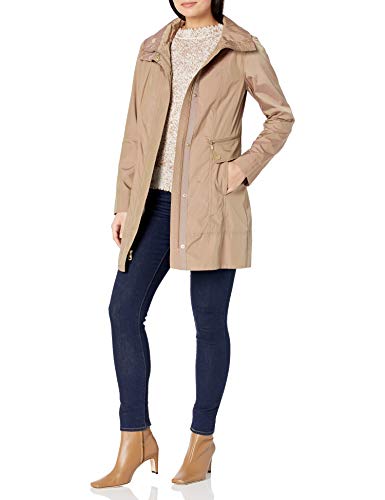 Cole Haan Women's Single Breasted Packable Rain Jacket with Removable Hood, Champagne, X-Small