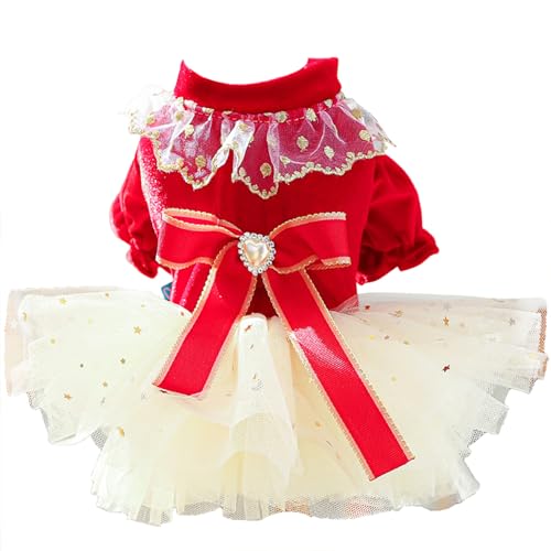 JPETTOかわいい ペット服 犬服 ワンピース 春秋 猫服 犬の洋服 スカート レース ドレス 蝶?び お姫様 お正月 祝い 記念撮影 小型犬 中型犬 お散歩25-33043I・レッドXS