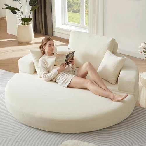 79 Foldable 2-in-1 Oversized Round Chaise Lounge Chenille Fabric Reading Nook Chair with Ottoman Boneless Chair with 2 Throw Pillows Couch Chair Suitable for Living Room Bedroom No Assembly(Beige)