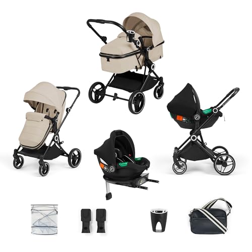 Ickle Bubba Atom 9 Piece Travel System with i-Size Cirrus Car Seat & ISOFIX Base – R129 Safety Standard, Side Impact Protection, Compact Fold Pushchair from Birth to 22kg (Stone)