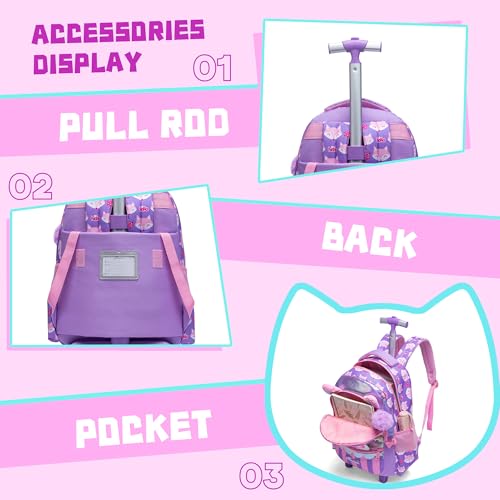 Meetbelify Rolling Backpack for Girls Backpacks with Wheels for Elementary Preschool Students Kids 3 in 1 Travel Luggage Carry on Suitcase for Girls Age 8-104