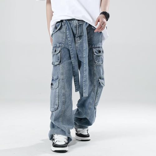 Men's Loose Fit Cargo Jeans Streetwear Hip Hop Cargo Pants with Multiple Pockets Straight Wide Leg Denim Pants2
