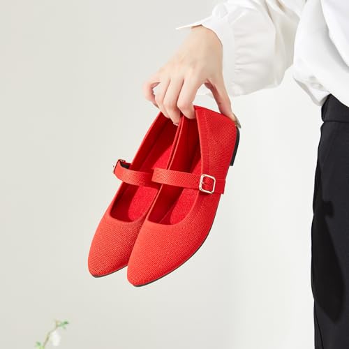 Image of Women's Ballet Flat Mary Jane Flats Slip on Laides Dress Flats with Strap | Mary Janes Flats, Breathable knit, Adjustable buckle strap, Pointed toe, Soft & lightweight, Perfect for office & daily wear