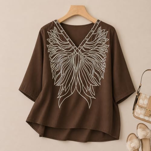 Image of RIEKA Women's Embroidered Top for Women, Maroon V Neck Rayon, 3 /4 Sleeve Casual Loose Fit Tunic, Boho Blouse for Women, Korean Style