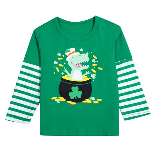 Boys St Patricks Day Shirt Toddler Girls Kids Lucky Clover Shamrock T-Shirt Dinosaur Stripped Long Sleeve Tops