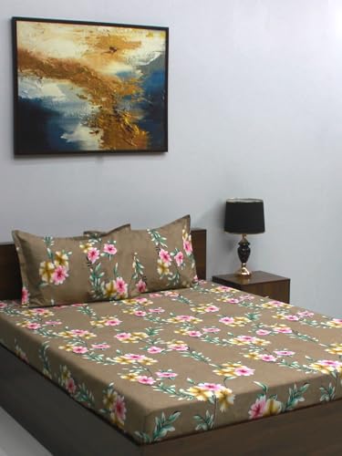Image of Bombay Dyeing Mimosa 164 GSM Microfiber Brown Floral Double Bedsheet with 2 Pillow Covers