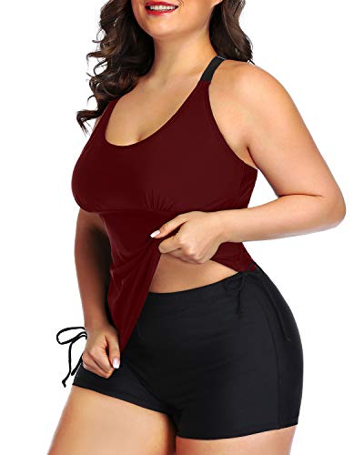 Yonique Women Plus Size Tankini Swimsuit Geometric Bathing Suit Top with Shorts Athletic 2 Piece Swimwear Wine Red 20plus