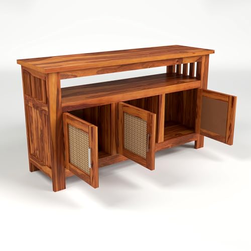 Image of Sheesham Wood Kitchen Cabinet with Cane Woven Doors | Solid Wood Storage Sideboard with Open Shelf & 3 Door Cabinet | Rosewood Storage Cabinet for Living Room (Natural Finish)