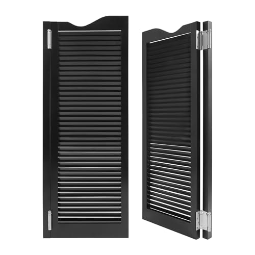 Saloon Swinging Doors for Doorway, 35.4" x 47.2" White Pine Wood Cafe Doors, Double Interior Half Doors with Auto-Close Hinges for Kitchen, Bar, Pantry & Closet, Shutter Design, 2 Pcs (Black)