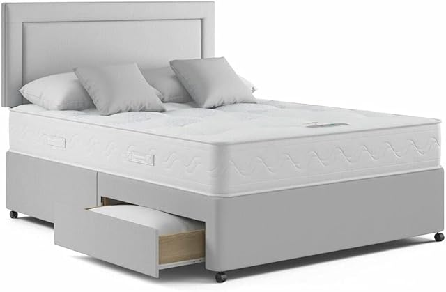 Linen Divan Bed with Mattress 10", Matching Headboard 24" and 2 free Storage drawers (Grey, 3FT Single 90cm X 190cm)