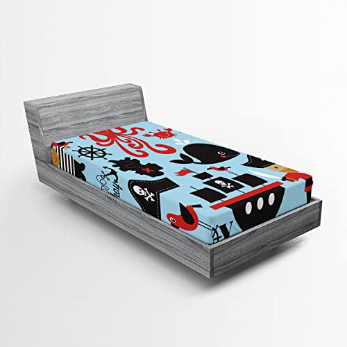 Ambesonne Pirate Fitted Sheet, Design Skull Octopus and Boy in Conceptual Dress, Soft Decorative Fabric Bedding All-Round Elastic Pocket, Twin Size, Pink Blue