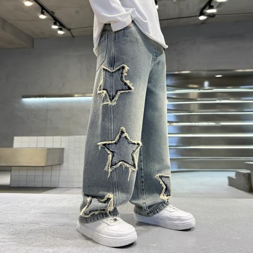 Boy's Cute Star Baggy Denim Pants Elastic Waist Pull On Jeans Straight Wide Leg Jean Pants with Pockets for Teen3